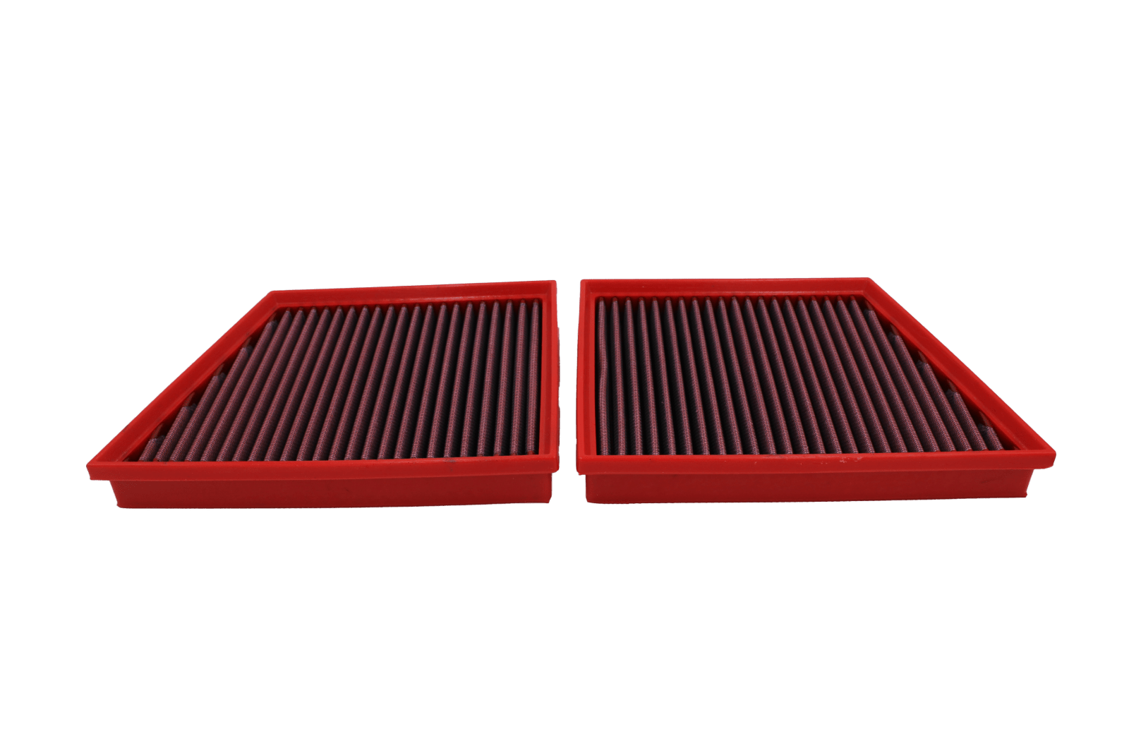 BMC FB901/20 red cotton replacement panel air filter, two-filter low three-quarter view