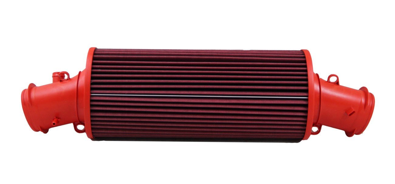 Red BMC cylindrical air filter FB907/04 for a Porsche 991.2 Carrera (2017–2019) — washable high-flow filter extending OEM performance.