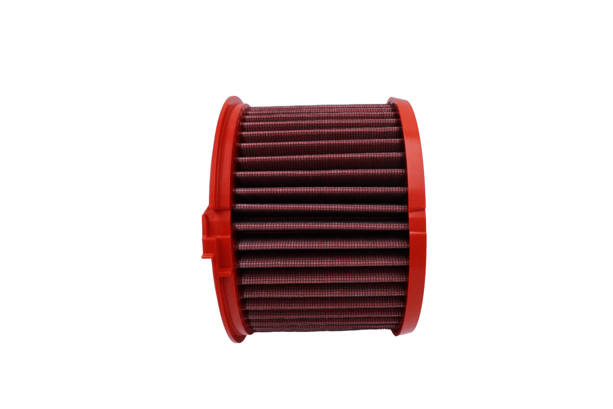 BMC FB961/04 red cotton replacement cylindrical air filter, side-profile view