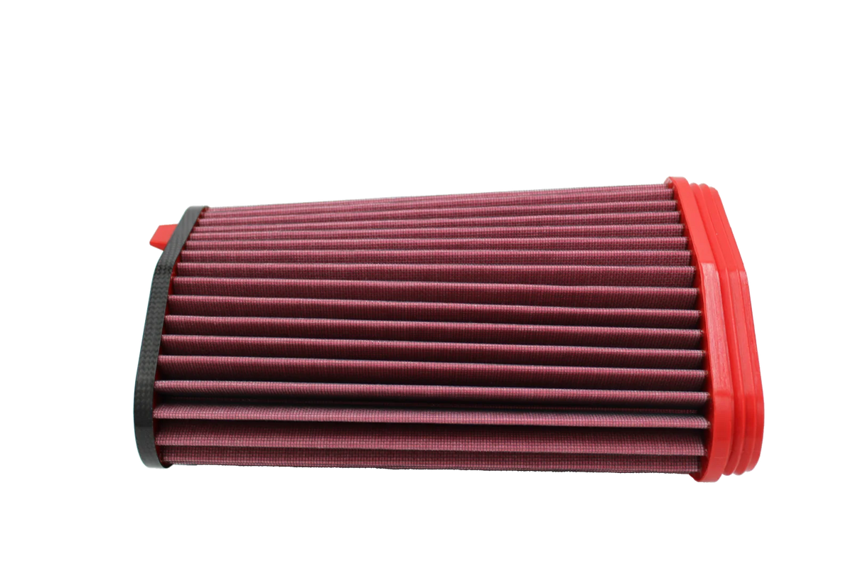 Side view of BMC CRF01236 Porsche 992.2 GTS filter showing pleated cotton media and red base