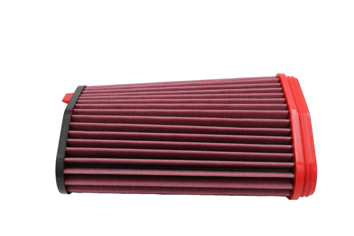 Side view of BMC CRF01236 Porsche 992.2 GTS filter showing pleated cotton media and red base