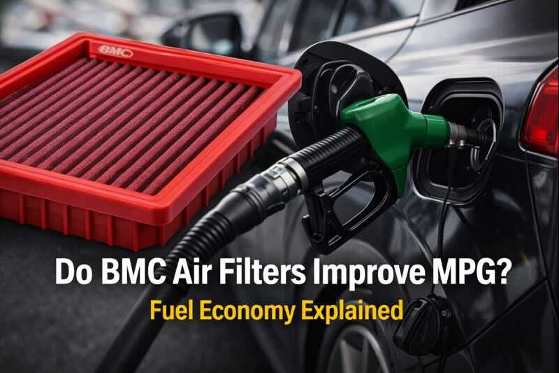 Hero image showing a red BMC performance air filter next to a green fuel pump nozzle inserted into a car, illustrating the connection between upgraded air filters and improved fuel economy.