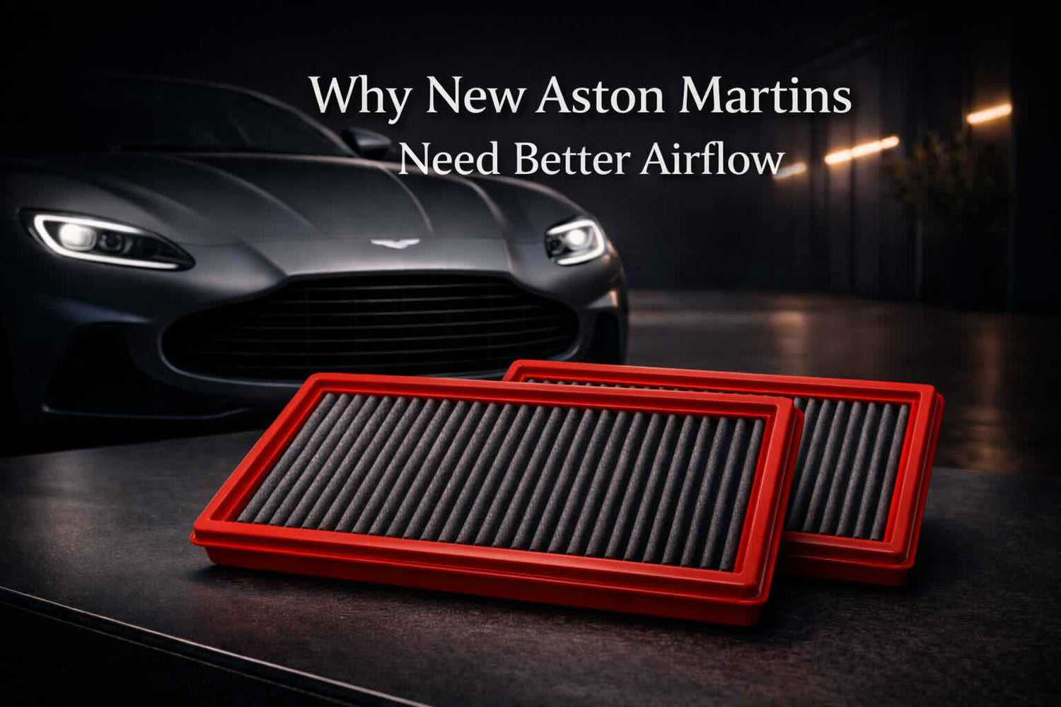 Two BMC air filters displayed in front of a modern Aston Martin for an article about airflow and performance upgrades