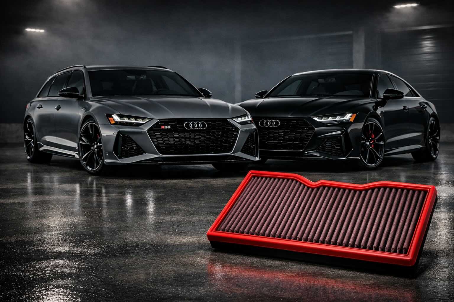 Audi RS6 Avant and Audi RS7 with BMC reusable air filter graphic for RS6 and RS7 air filter guide