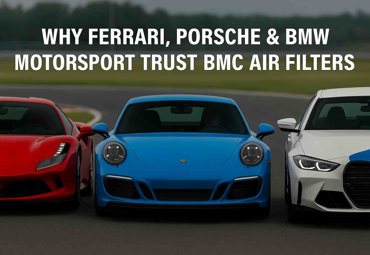 Ferrari, Porsche, and BMW sports cars on a racetrack with centered text overlay reading 'Why Ferrari, Porsche & BMW Motorsport Trust BMC Air Filters.