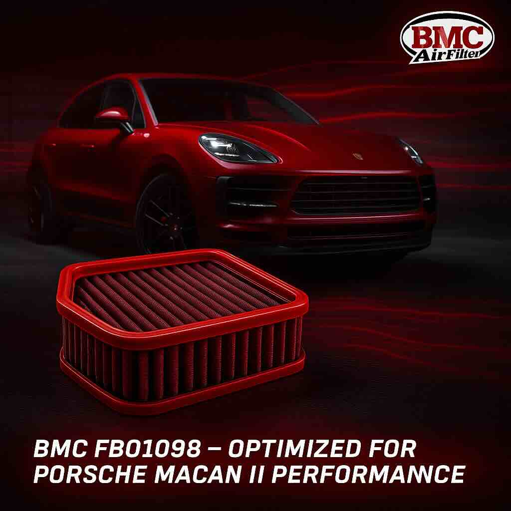 BMC FB01098 air filter displayed with a Porsche Macan II in a wind tunnel, symbolizing improved airflow and performance.
