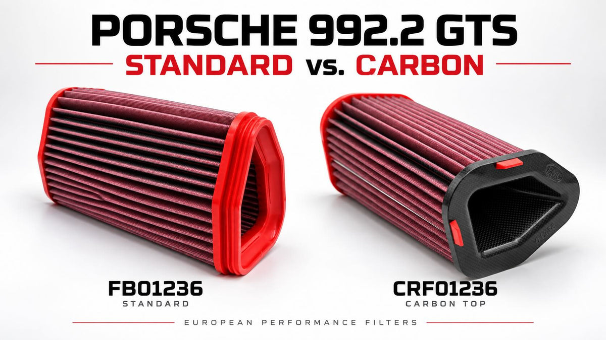 BMC FB01236 standard and CRF01236 carbon-top air filters compared for Porsche 992.2 GTS