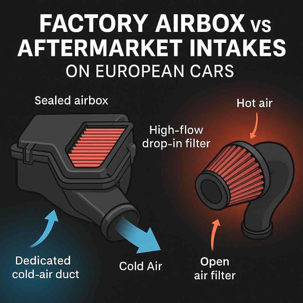 Illustration comparing a sealed factory airbox with a high-flow drop-in filter versus an open aftermarket intake on European performance cars, showing cold air routing versus hot engine-bay air.