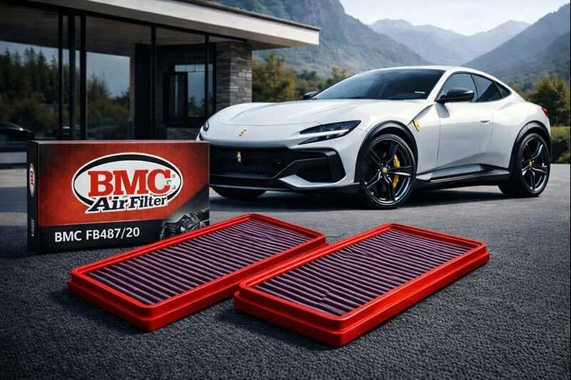 Ferrari Purosangue parked outside modern villa with BMC FB487/20 drop-in air filters for the factory airbox.