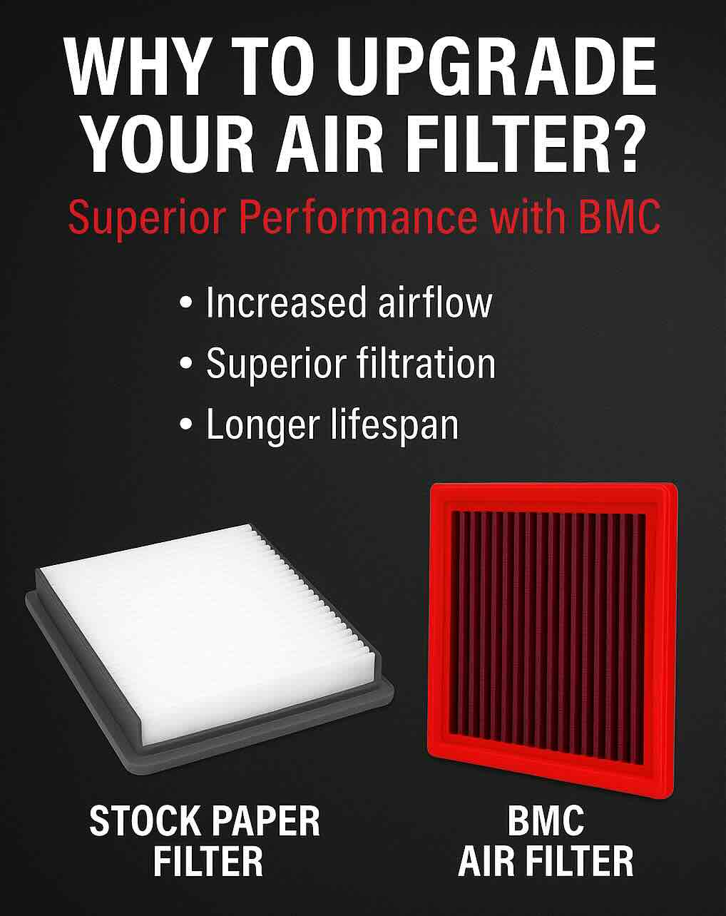 Comparison of a stock white OEM paper air filter versus a red rectangular BMC performance air filter, highlighting increased airflow, superior filtration, and longer lifespan.