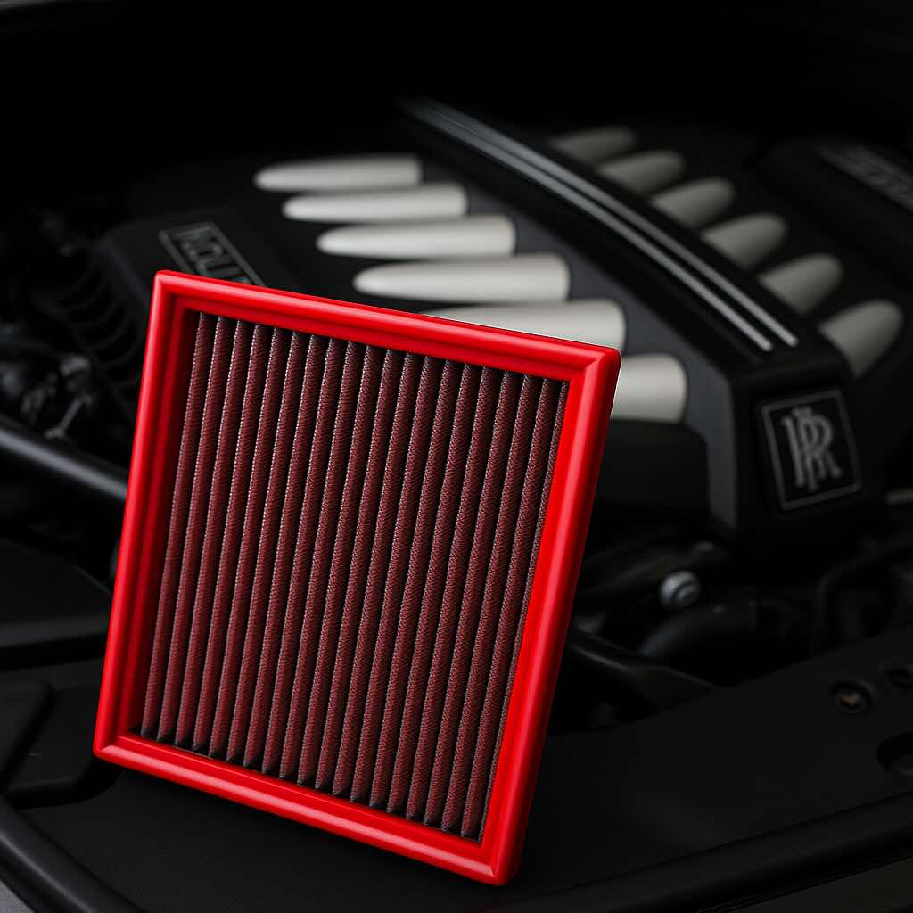 Red BMC performance air filter in front of a Rolls Royce engine bay – premium washable filter designed for luxury performance vehicles.