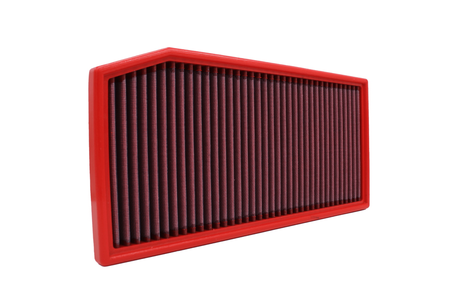 BMC FB01028 red cotton replacement panel air filter, upright three-quarter view