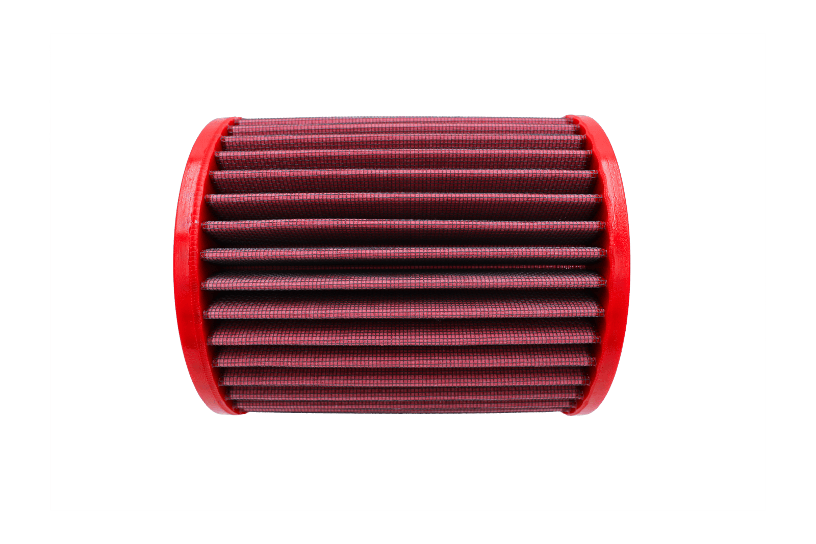 BMC FB01029 red cotton replacement cylindrical air filter, side-profile view