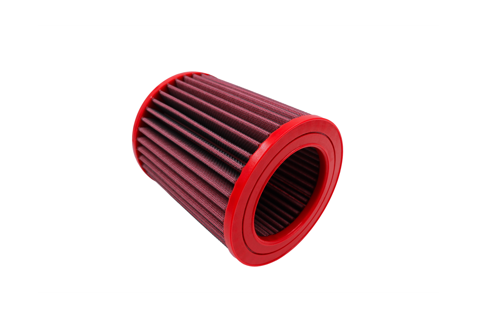 BMC FB01029 red cotton replacement cylindrical air filter, inlet-end three-quarter view