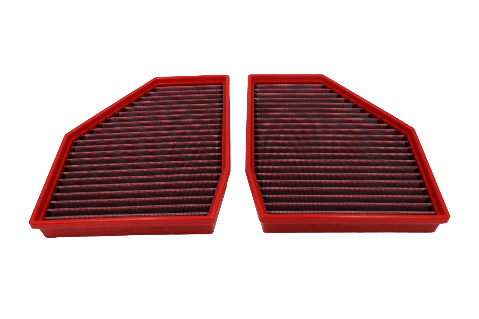 BMC FB01034 red cotton replacement panel air filter, two-filter upright edge view