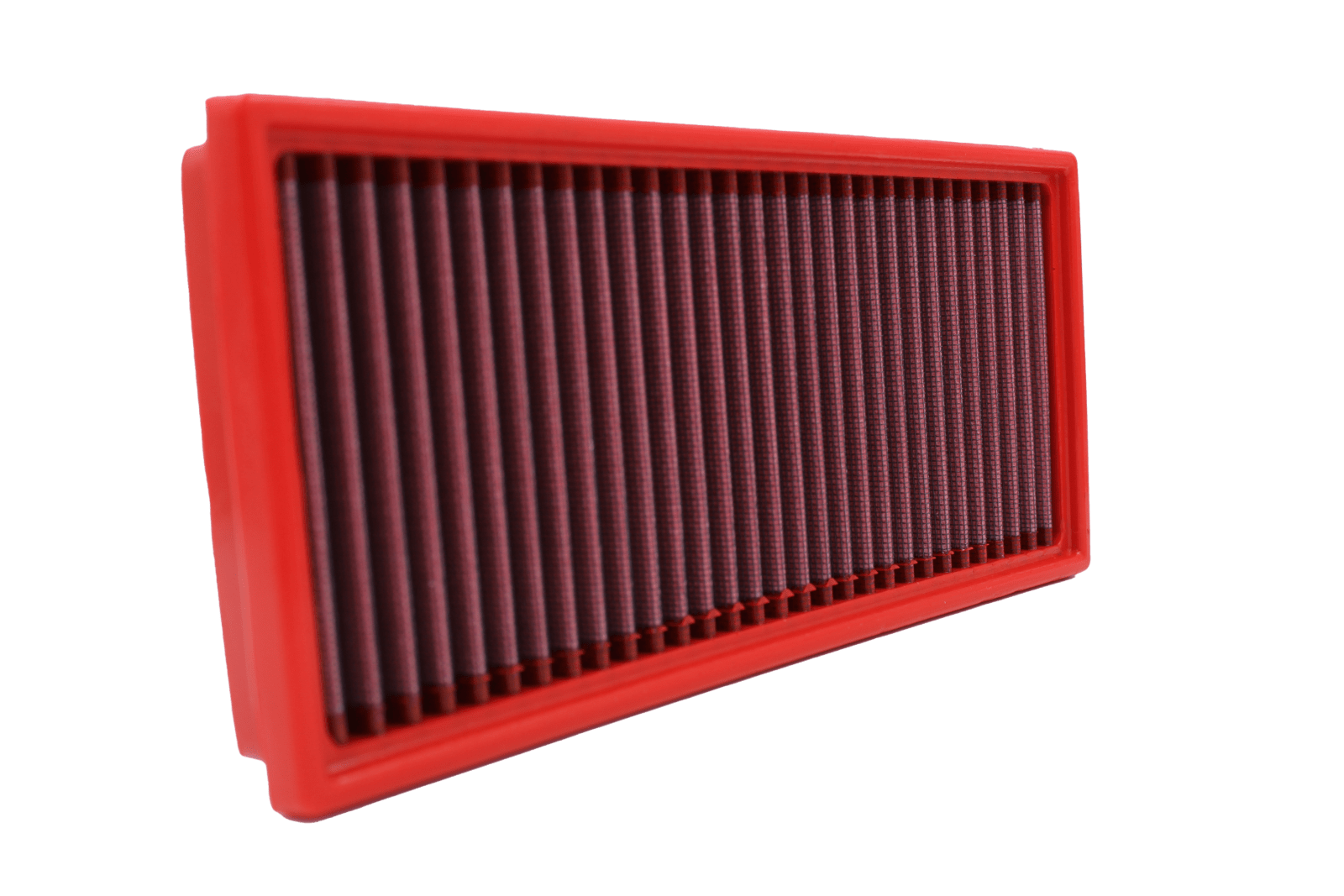 BMC FB01044 red cotton replacement panel air filter, upright frame-depth view