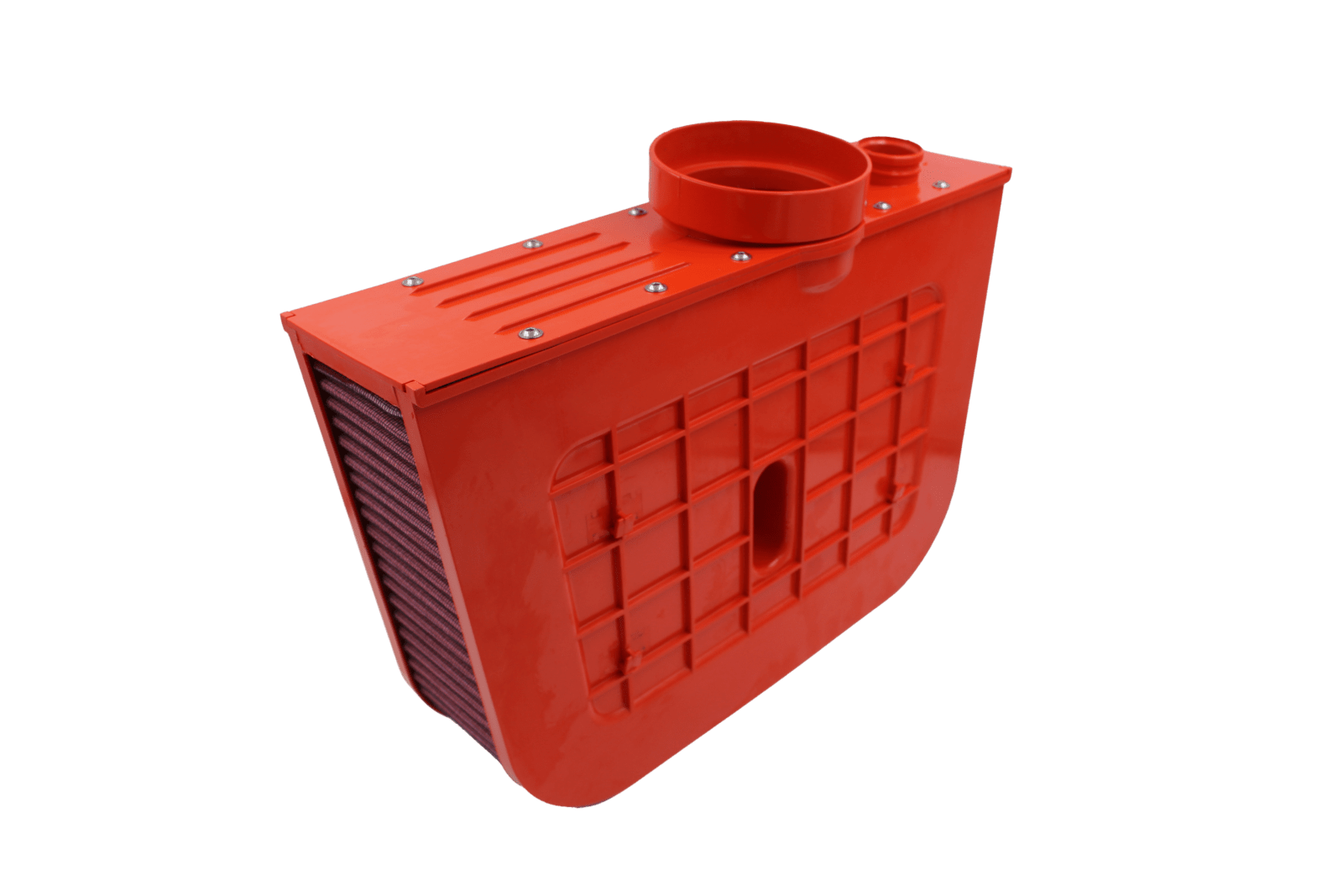 BMC FB01060 red cotton replacement air filter assembly, assembly side outlet view