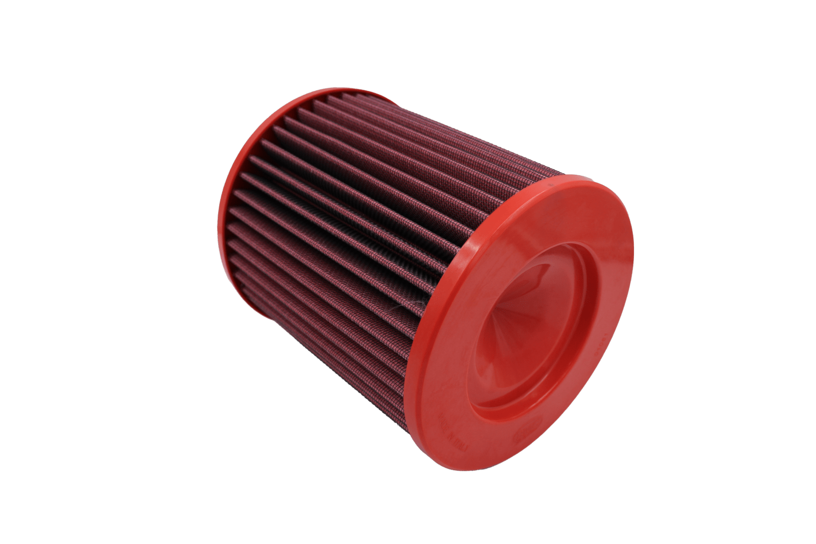 BMC FB01061 red cotton replacement cylindrical air filter, closed-end three-quarter view