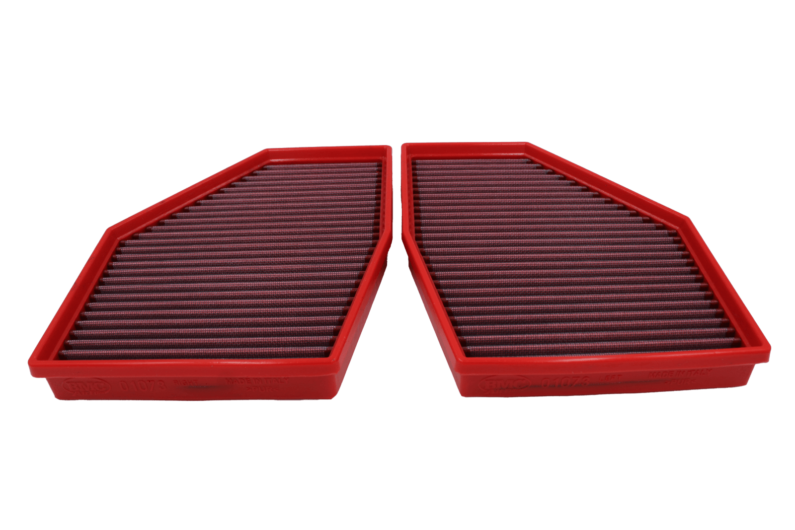 BMC FB01073 red cotton replacement panel air filter, two-filter face-on view