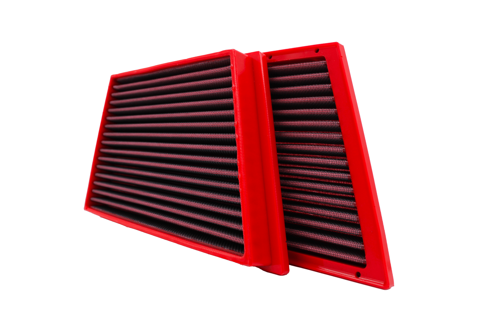 BMC FB01075 red cotton replacement panel air filter, two-filter upright edge-angle view