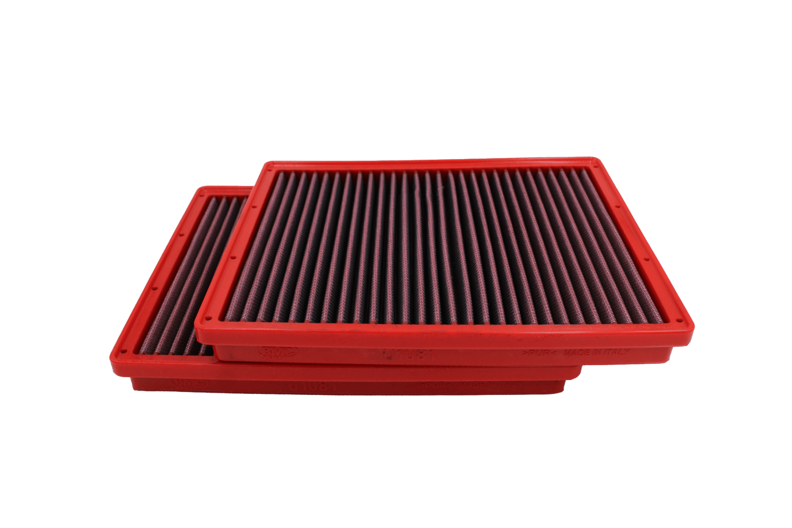 BMC FB01081 red cotton replacement panel air filter, two-filter stacked top three-quarter view