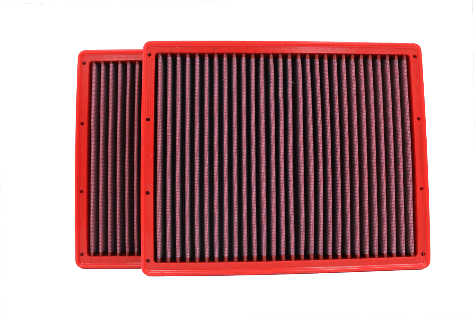 BMC FB01081 red cotton replacement panel air filter, two-filter overlapping face-on view