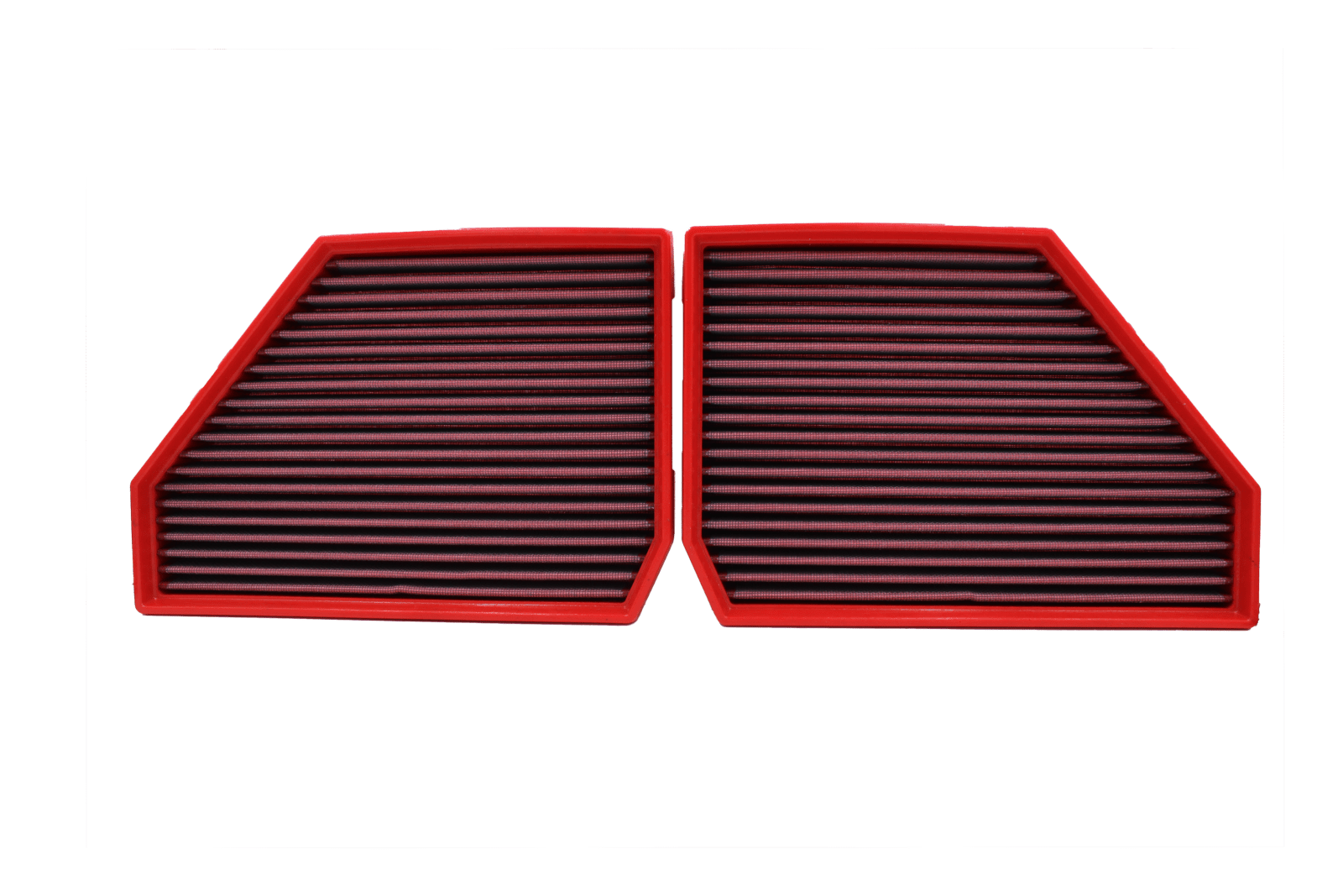BMC FB01103 red cotton replacement panel air filter, two-filter low three-quarter view