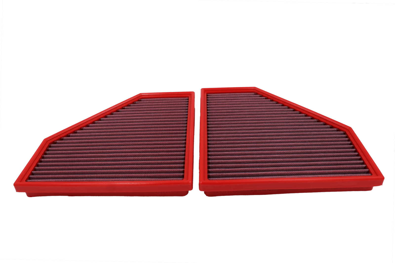BMC FB01118 red cotton replacement panel air filter, two-filter low three-quarter view
