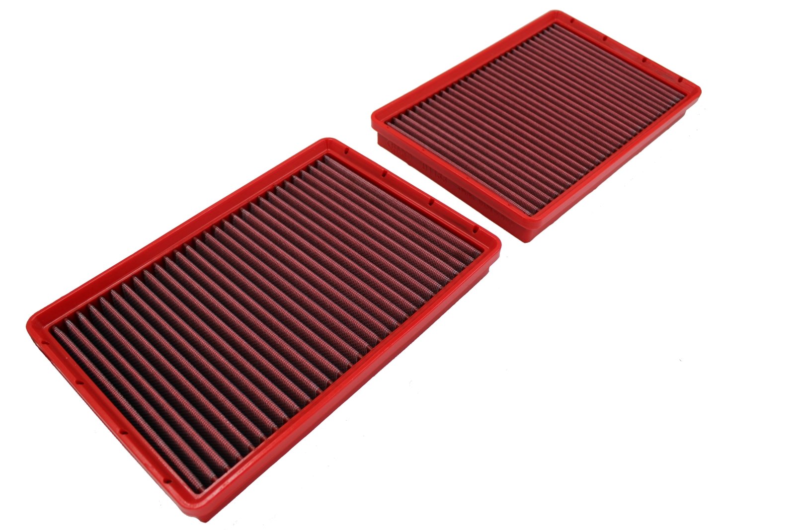BMC FB01133 red cotton replacement panel air filter, two-filter diagonal top view