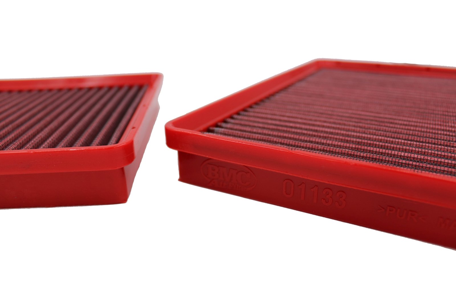 BMC FB01133 red cotton replacement panel air filter, two-filter close-up frame-depth view