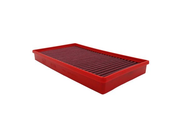 BMC FB01136 red cotton replacement panel air filter, low front three-quarter view