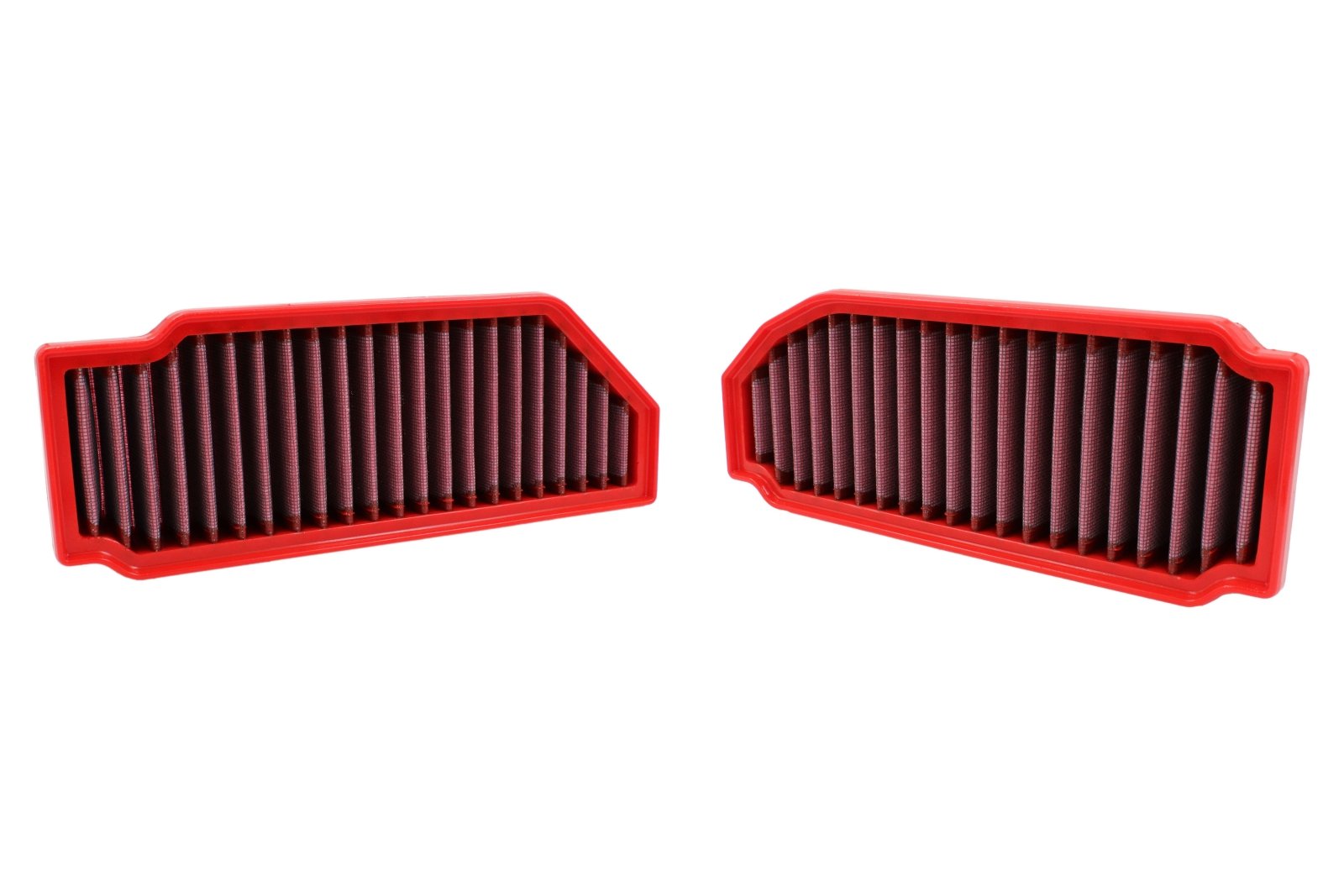 BMC FB01160 red cotton replacement panel air filter, two-filter shaped face-on view