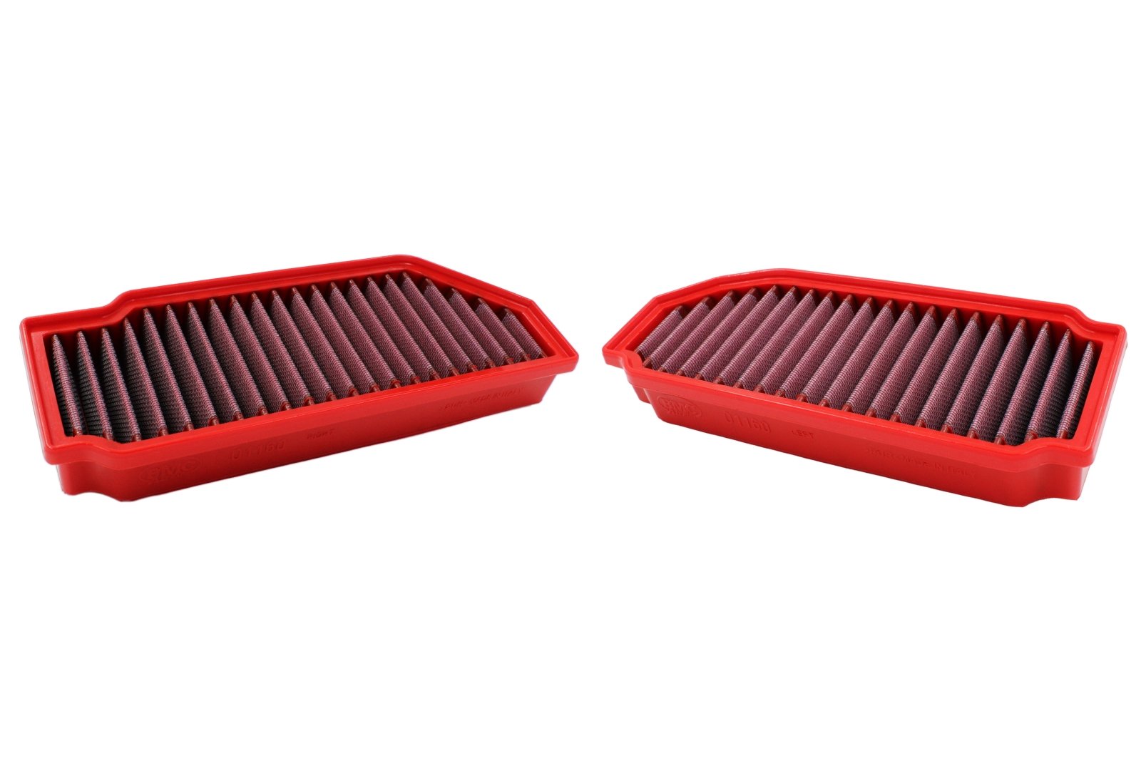 BMC FB01160 red cotton replacement panel air filter, two-filter shaped low three-quarter view