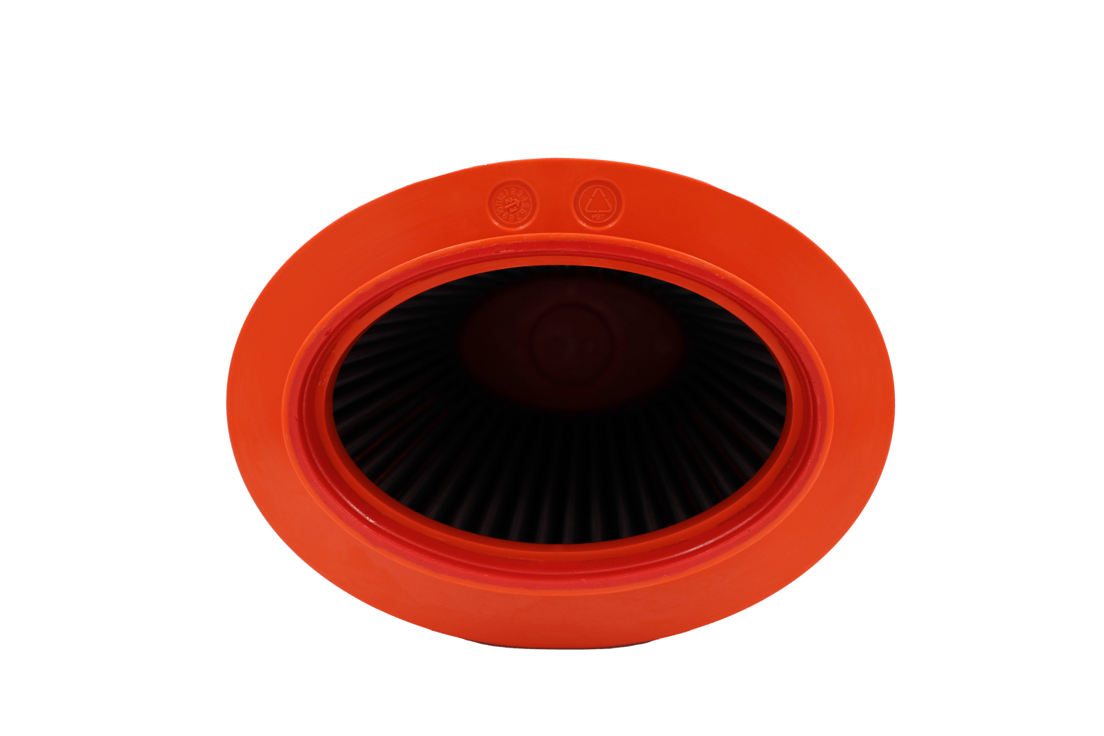 BMC FB01171 red cotton replacement air filter assembly, inlet-end face-on view