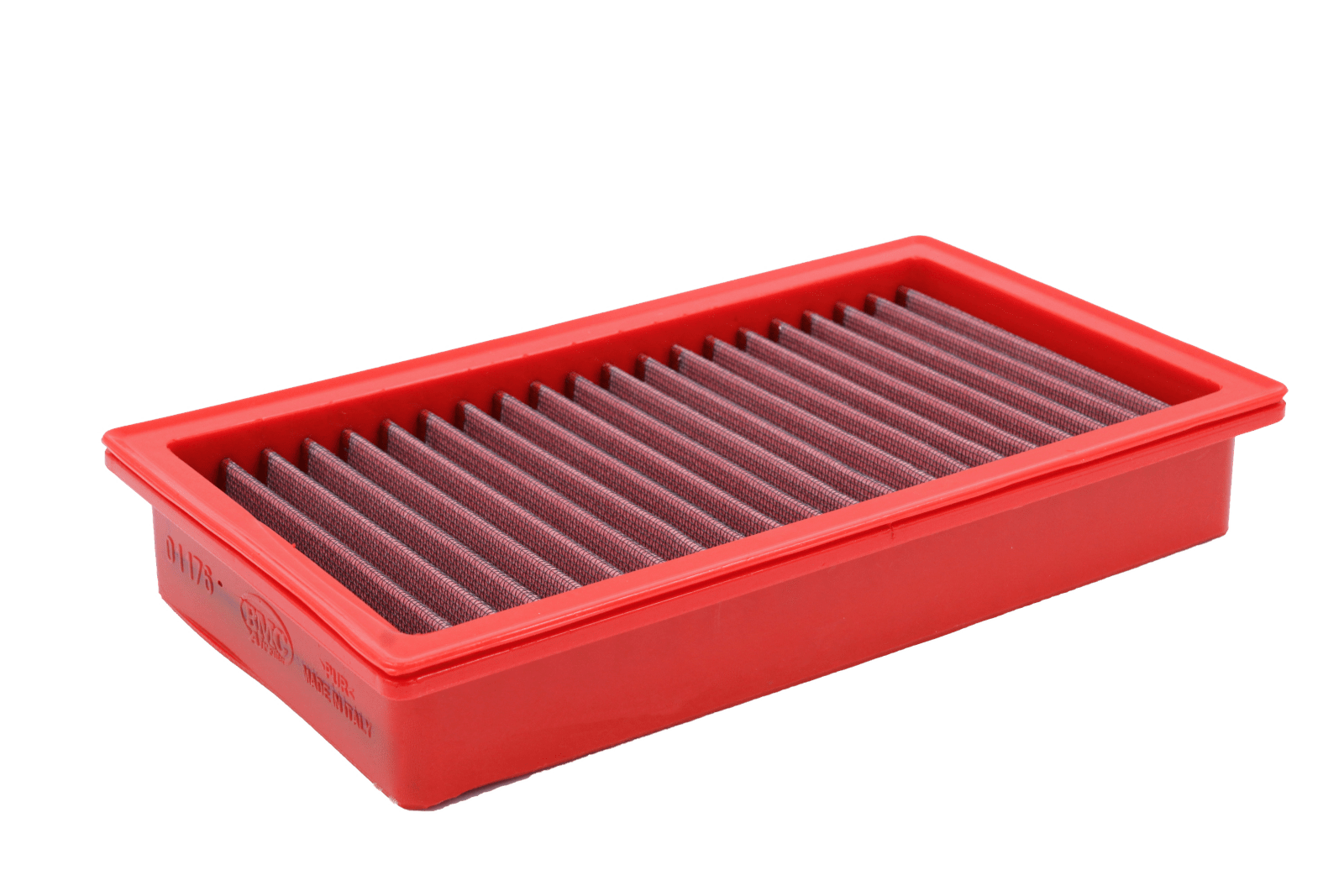 BMC FB01176 red cotton replacement panel air filter, low three-quarter frame-depth view