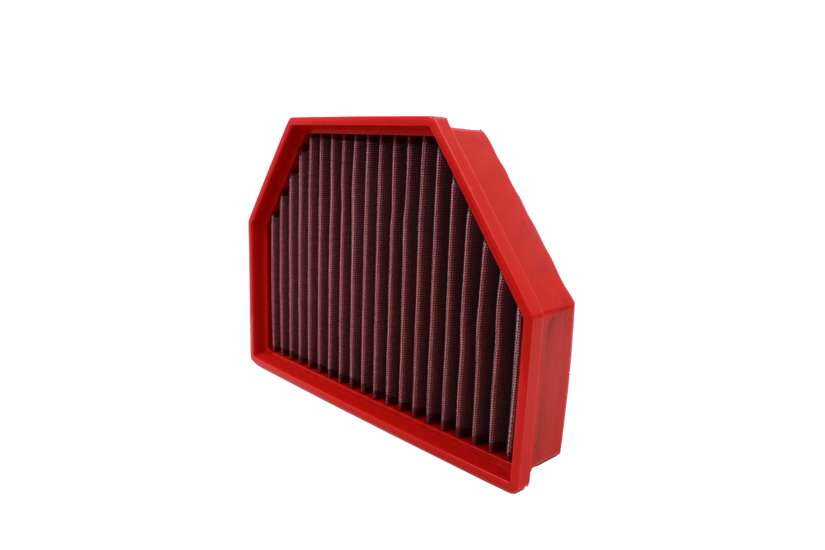 BMC FB01177 red cotton replacement panel air filter, upright three-quarter view
