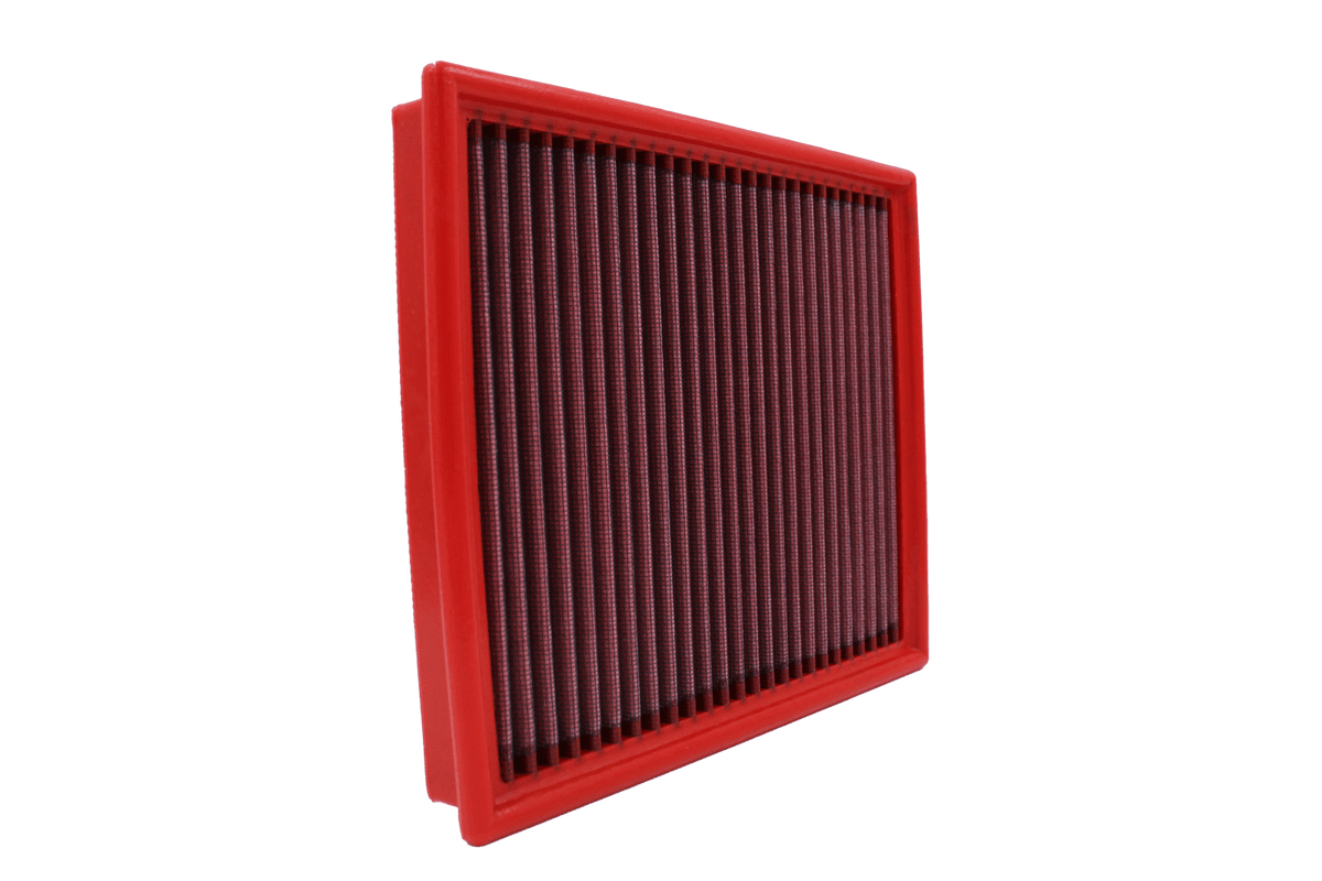 BMC FB102/01 red cotton replacement panel air filter, upright three-quarter view