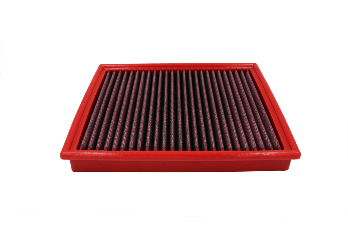 BMC FB102/01 red cotton replacement panel air filter, low three-quarter view