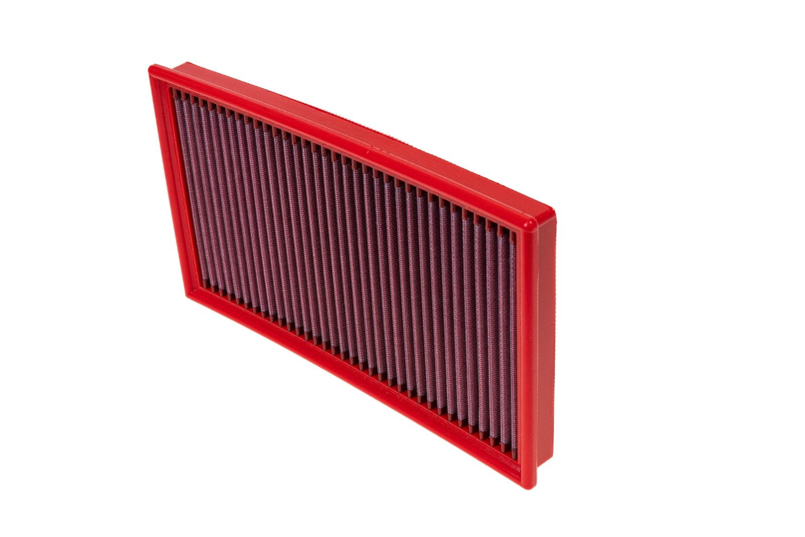 BMC FB103/01 red cotton replacement panel air filter, upright three-quarter view