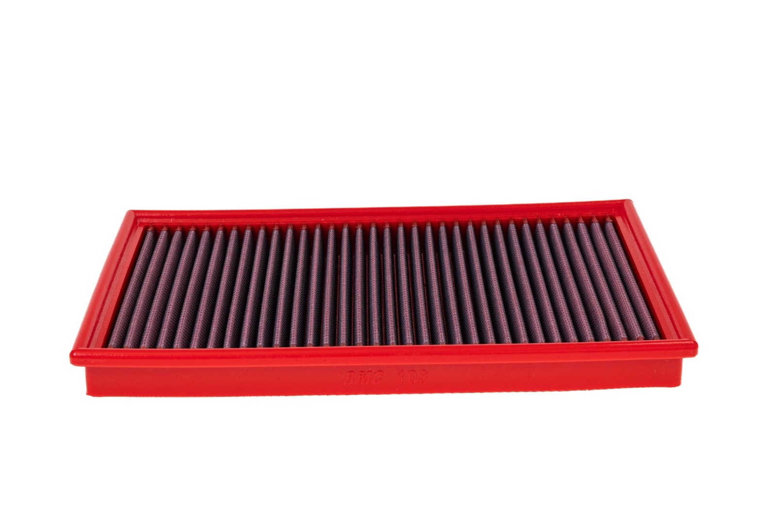 BMC FB103/01 red cotton replacement panel air filter, low front three-quarter view