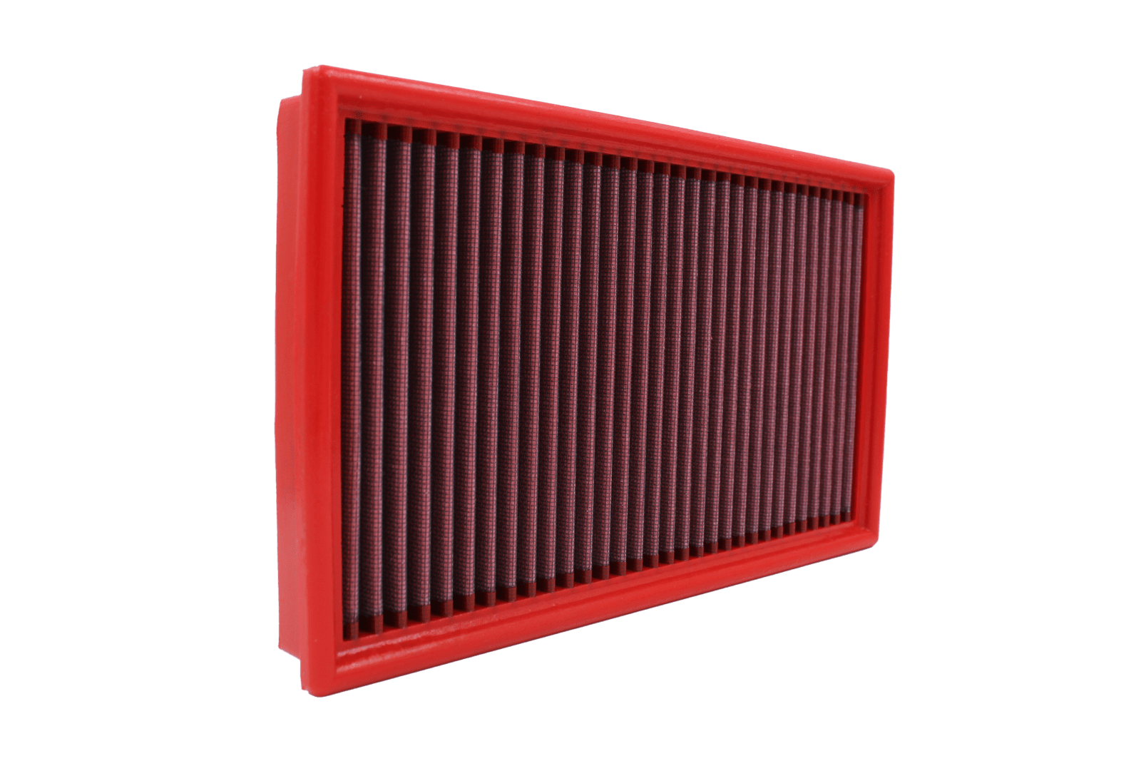 BMC FB112/01 red cotton replacement panel air filter, upright three-quarter view