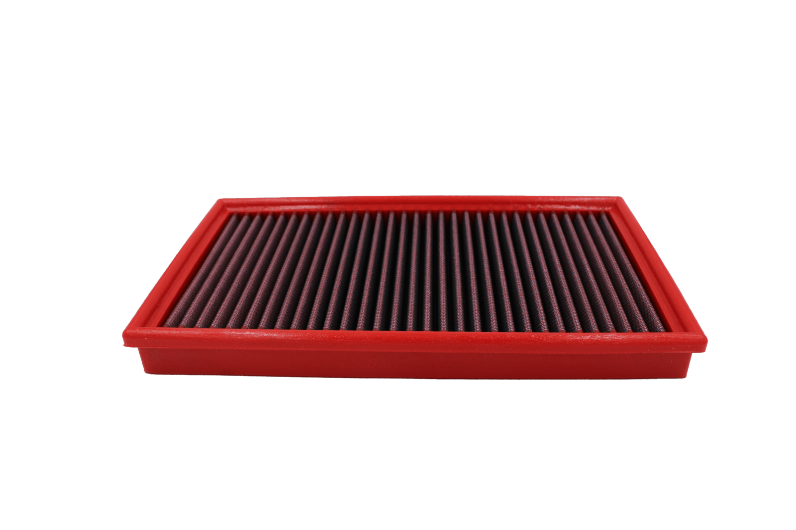 BMC FB112/01 red cotton replacement panel air filter, low three-quarter view