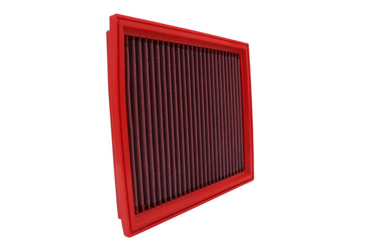 BMC FB116/05 red cotton replacement panel air filter, upright three-quarter view