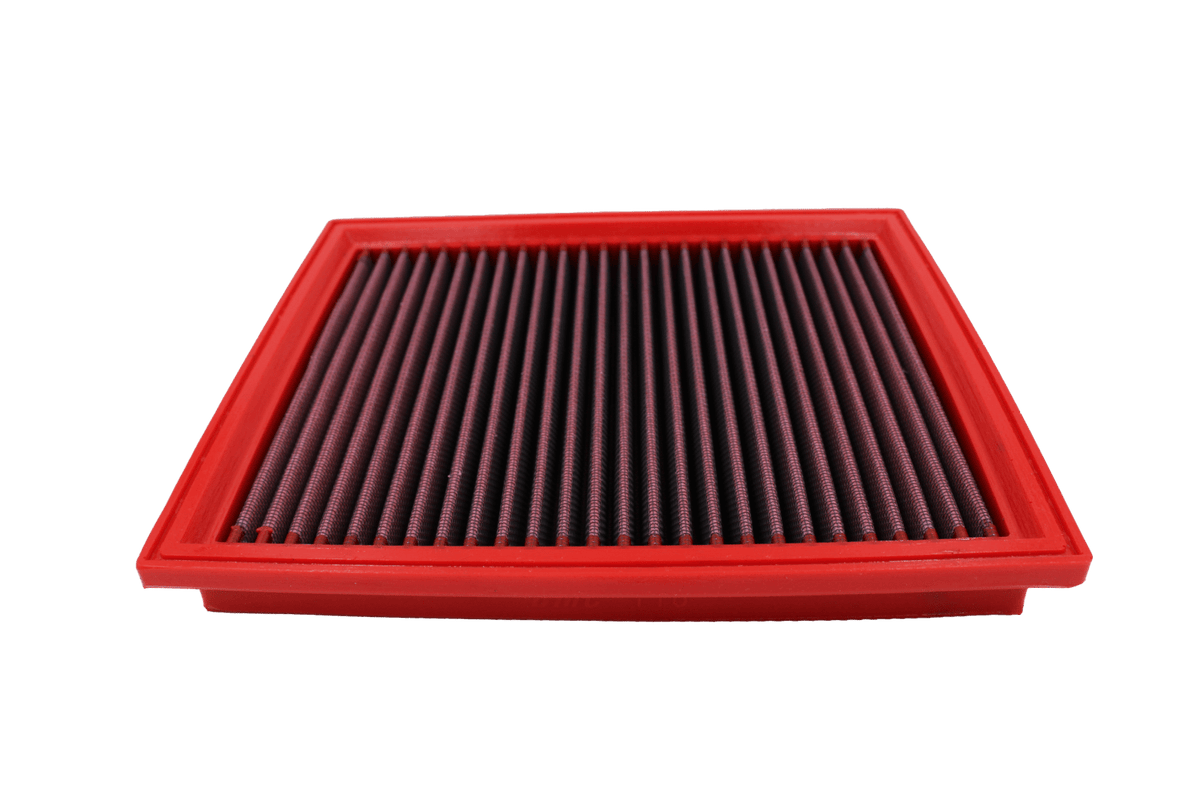BMC FB116/05 red cotton replacement panel air filter, low three-quarter view