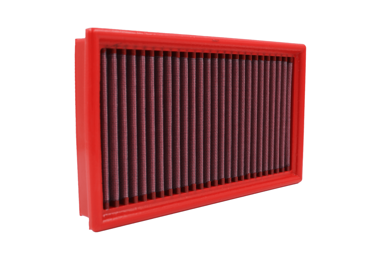 BMC FB117/01 red cotton replacement panel air filter, upright three-quarter view