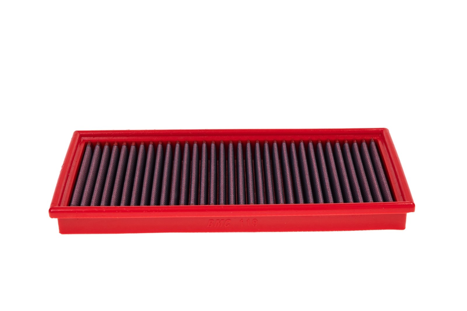BMC FB118/01 red cotton replacement panel air filter, low front three-quarter view