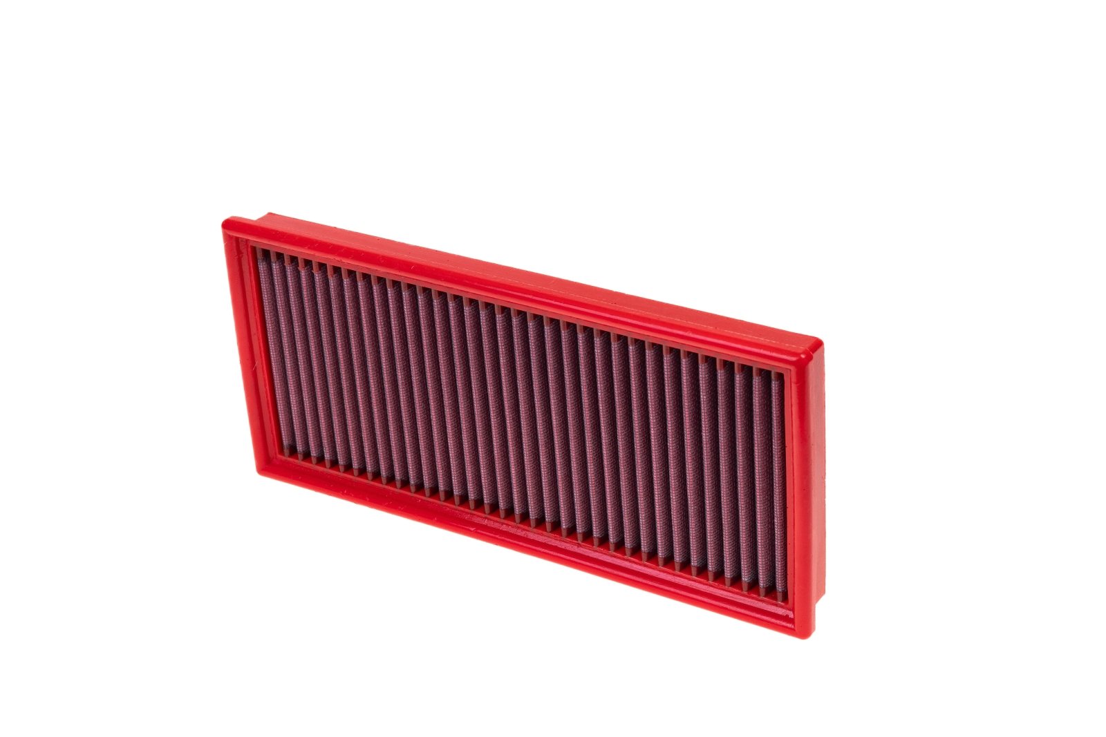 BMC FB118/01 red cotton replacement panel air filter, upright three-quarter view