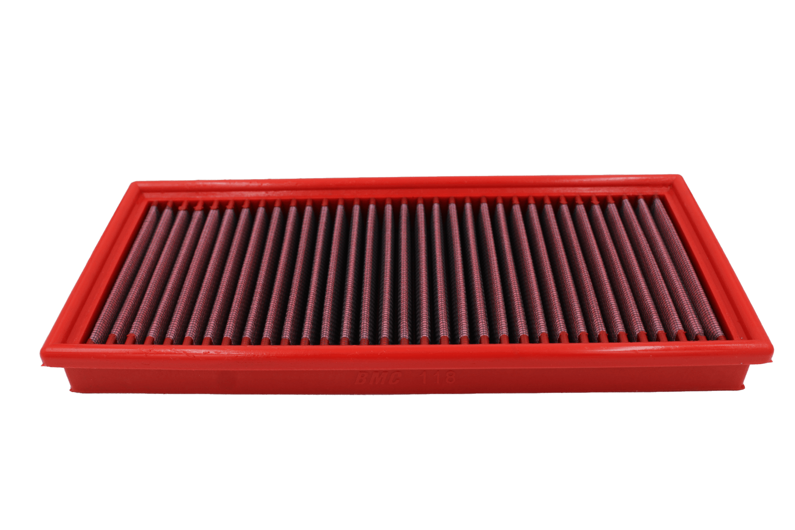 BMC FB121/01 red cotton replacement panel air filter, low front three-quarter view