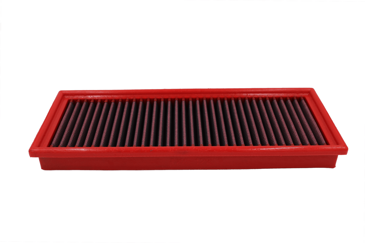 BMC FB122/01 red cotton replacement panel air filter, low three-quarter view