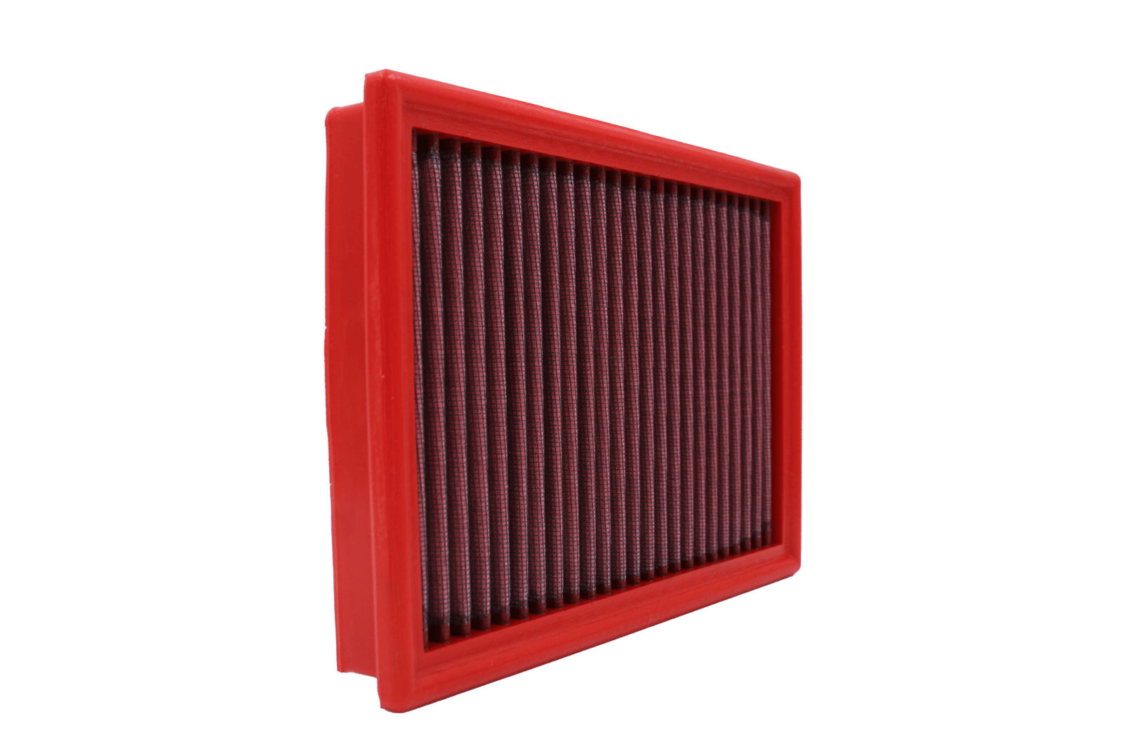 BMC FB132/01 red cotton replacement panel air filter, upright three-quarter view